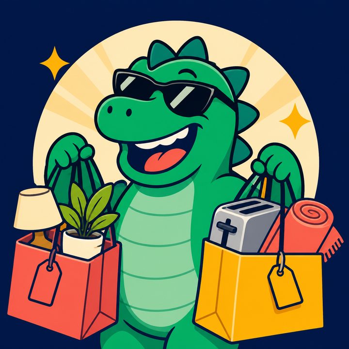 The SellZilla dinosaur in sunglasses carrying shopping bags full of household items
